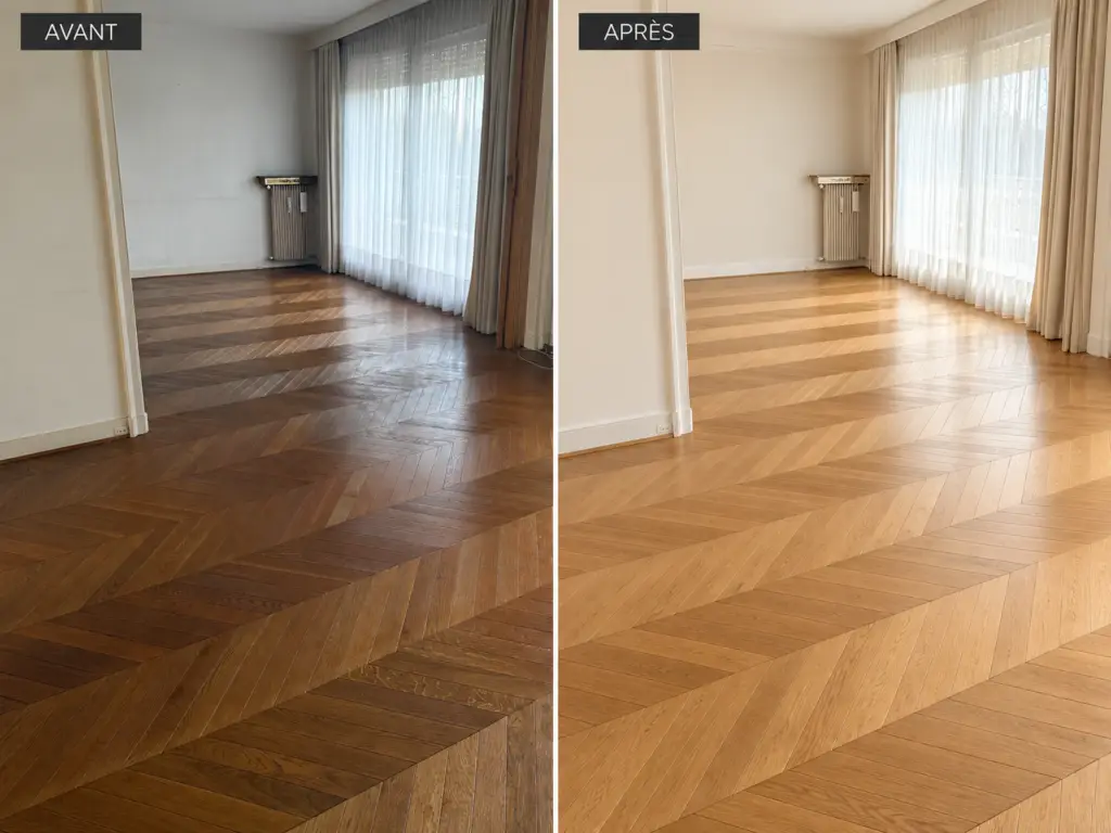 Avant après de la rénovation d'un parquet en point de Hongrie : ancien vernis foncé puis chêne poncé et vitrifié