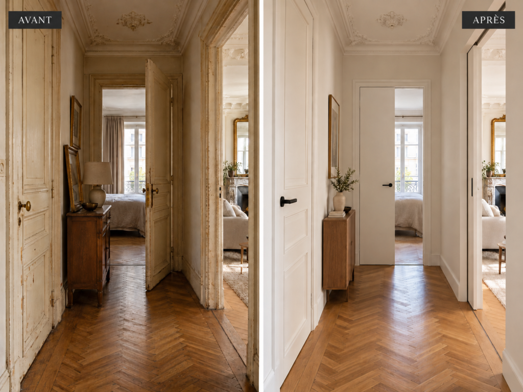 Avant après de la rénovation des portes intérieures d'un couloir d'appartement haussmannien