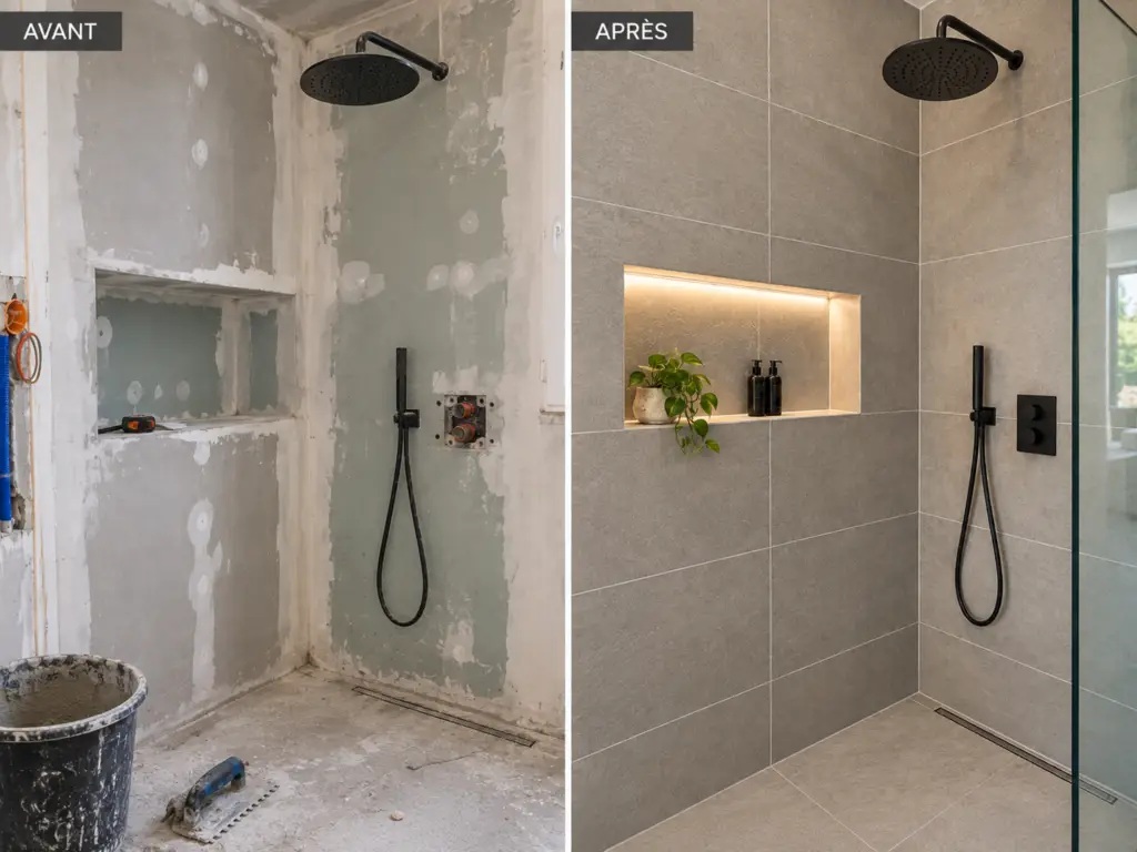 Salle de bains rénovée avec carrelage et faïence 60x60 gris dans les Hauts-de-Seine