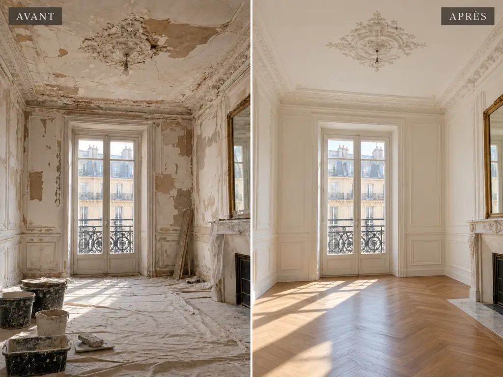 Avant/après d'un salon haussmannien restauré par notre entreprise de plâtrerie à Paris : plafond et moulures refaits