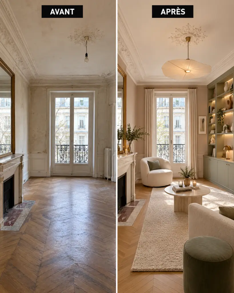 Avant après de la rénovation d'un séjour haussmannien avec bibliothèque sur mesure