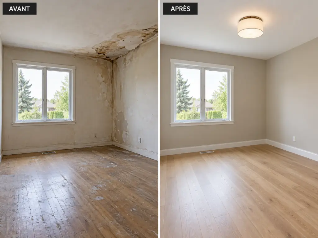 Avant après de la reprise d'une chambre après dégât des eaux : plafond taché et moisissures puis pièce rénovée