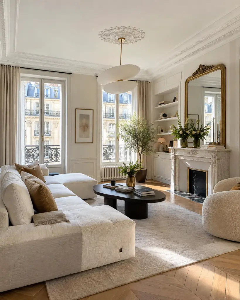Séjour haussmannien rénové à Paris : devis de rénovation intérieure avec moulures et parquet en point de Hongrie