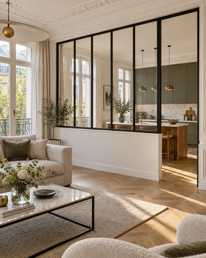Verrière d'atelier noire séparant la cuisine du séjour dans un appartement haussmannien