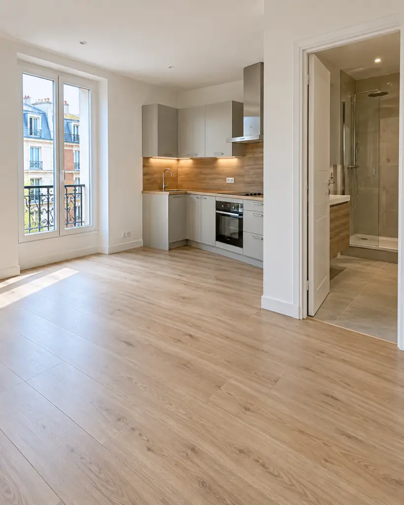 Studio remis en état avant location à Aubervilliers : sol stratifié chêne clair, kitchenette équipée et salle d'eau avec douche