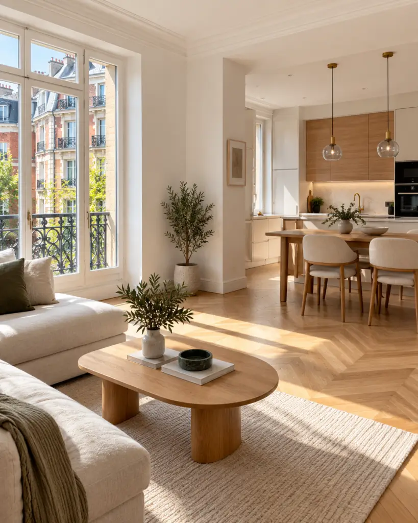 Séjour rénové dans un immeuble ancien à Aubervilliers : parquet en point de Hongrie, cuisine ouverte en bois et grandes fenêtres avec balcon en fer forgé