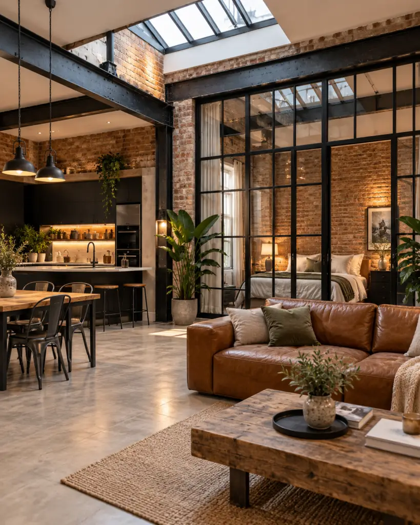 Loft rénové dans un ancien atelier à Aubervilliers : murs en brique apparente, verrière d'atelier noire séparant la chambre, cuisine ouverte et sol en béton ciré